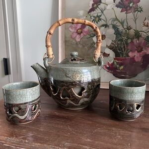 Vintage Green Ceramic Tea Set with Bamboo Handle Japanese